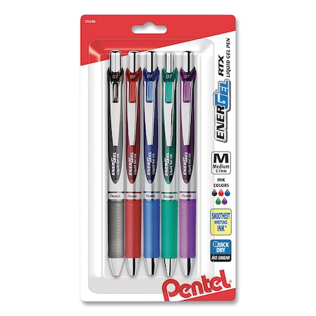 Pentel EnerGel RTX Gel Pen, Retractable, Medium 0.7 mm, Assorted Ink and Barrel Colors, PK5, 5PK BL77BP5M